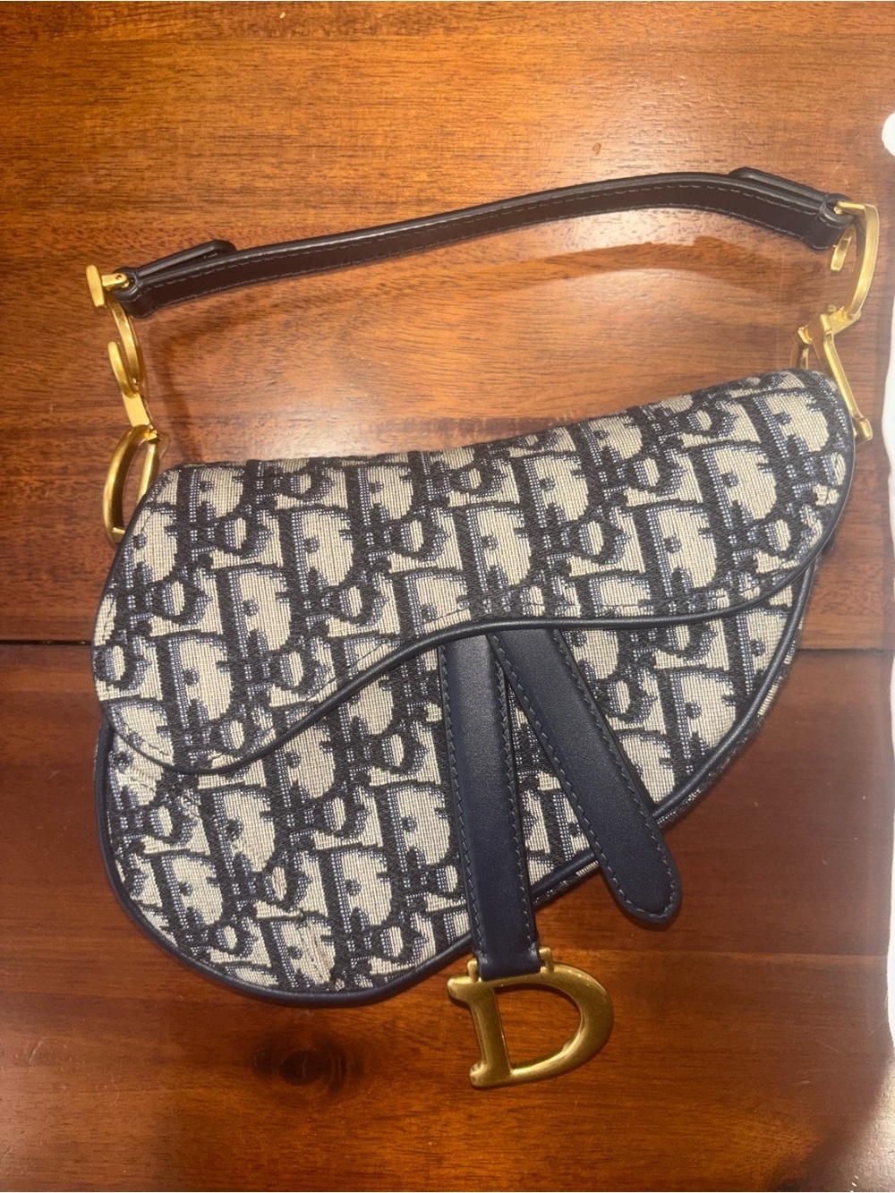Dior Navy & Cream Oblique Saddle Shoulder Bag with Gold 'D' Hardware